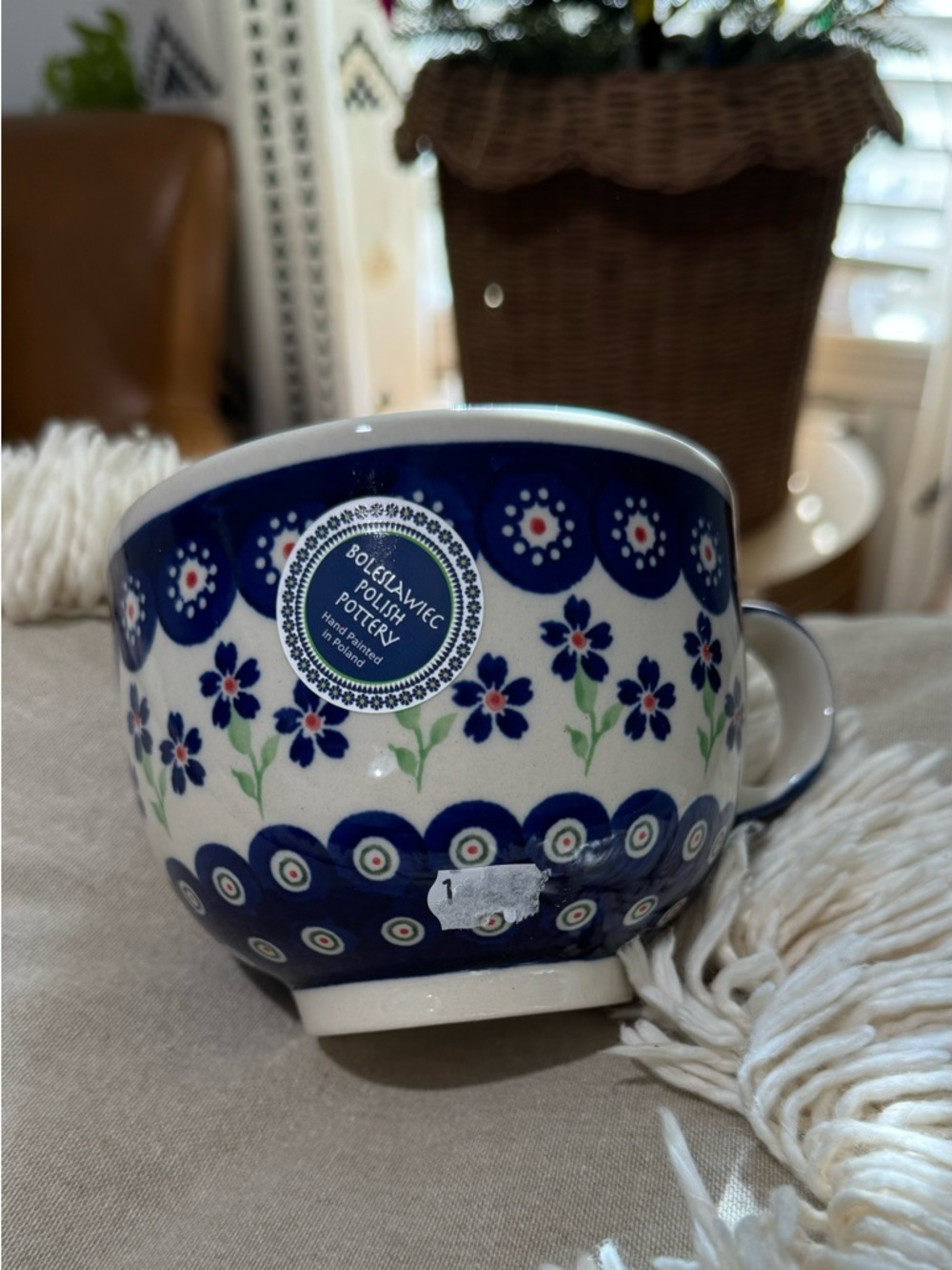 Bolesławiec Polish Pottery mug featuring the "Flowering Peacock" pattern
